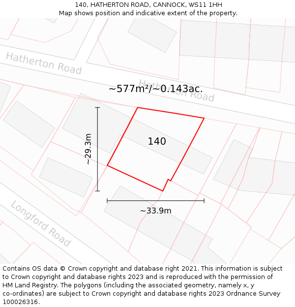 140, HATHERTON ROAD, CANNOCK, WS11 1HH: Plot and title map