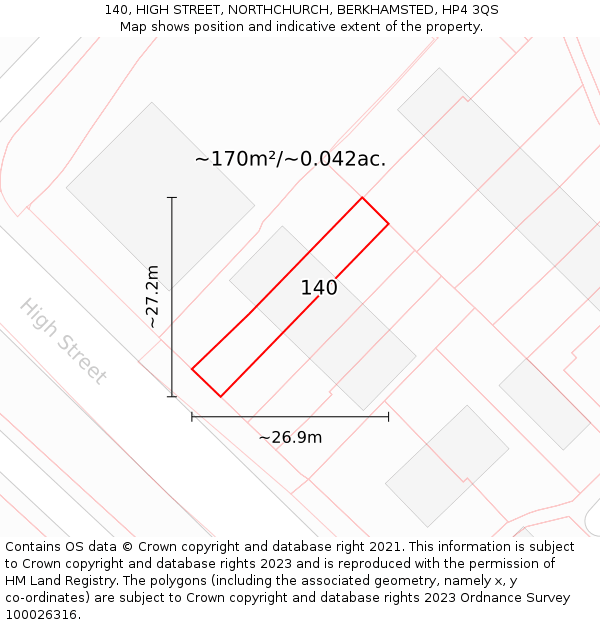 140, HIGH STREET, NORTHCHURCH, BERKHAMSTED, HP4 3QS: Plot and title map
