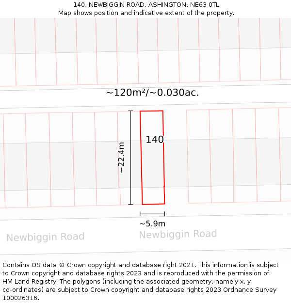 140, NEWBIGGIN ROAD, ASHINGTON, NE63 0TL: Plot and title map