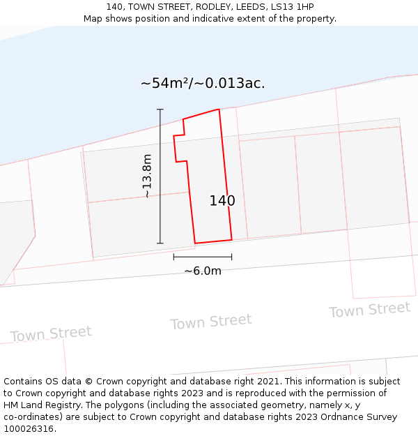 140, TOWN STREET, RODLEY, LEEDS, LS13 1HP: Plot and title map