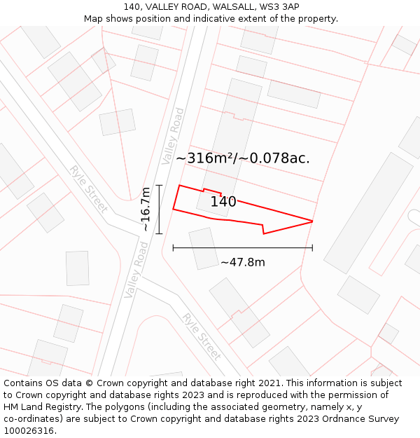 140, VALLEY ROAD, WALSALL, WS3 3AP: Plot and title map