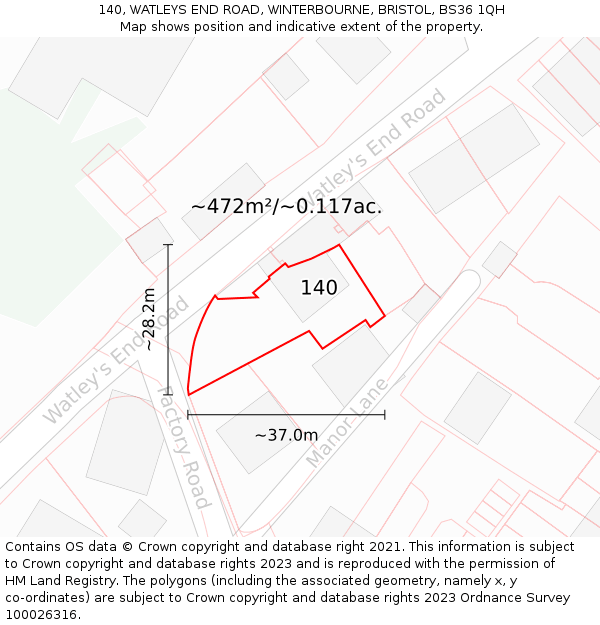 140, WATLEYS END ROAD, WINTERBOURNE, BRISTOL, BS36 1QH: Plot and title map