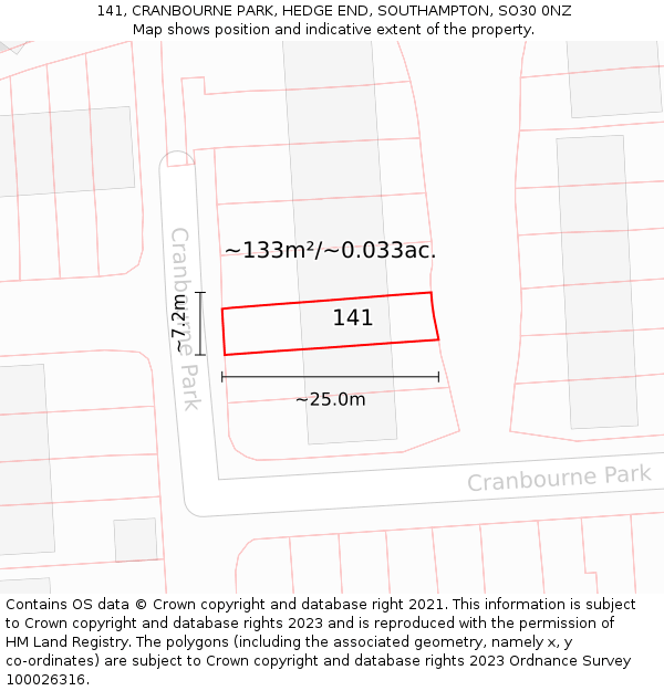 141, CRANBOURNE PARK, HEDGE END, SOUTHAMPTON, SO30 0NZ: Plot and title map