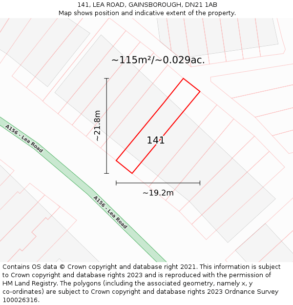 141, LEA ROAD, GAINSBOROUGH, DN21 1AB: Plot and title map