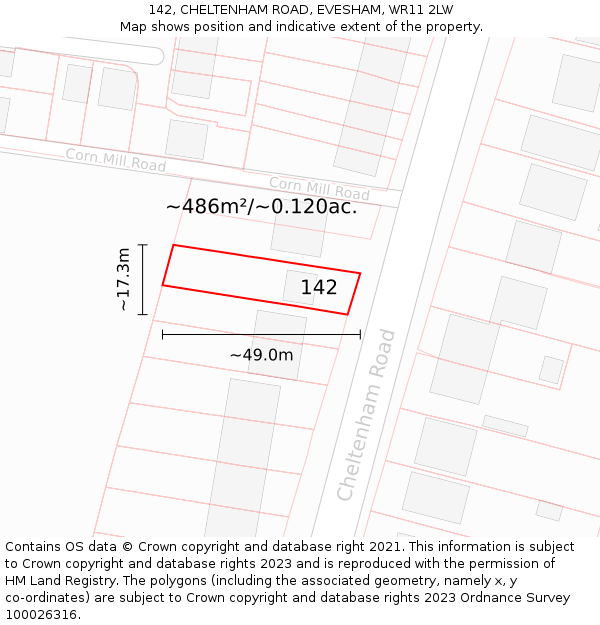 142, CHELTENHAM ROAD, EVESHAM, WR11 2LW: Plot and title map