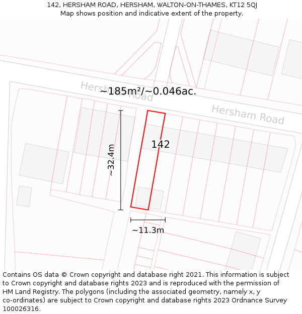 142, HERSHAM ROAD, HERSHAM, WALTON-ON-THAMES, KT12 5QJ: Plot and title map