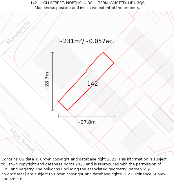 142, HIGH STREET, NORTHCHURCH, BERKHAMSTED, HP4 3QS: Plot and title map
