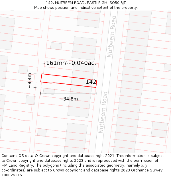 142, NUTBEEM ROAD, EASTLEIGH, SO50 5JT: Plot and title map