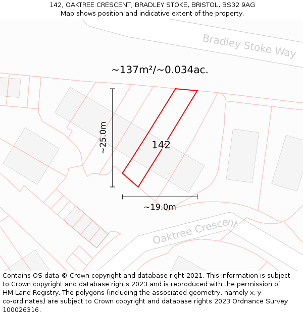 142, OAKTREE CRESCENT, BRADLEY STOKE, BRISTOL, BS32 9AG: Plot and title map