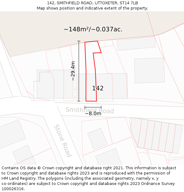 142, SMITHFIELD ROAD, UTTOXETER, ST14 7LB: Plot and title map