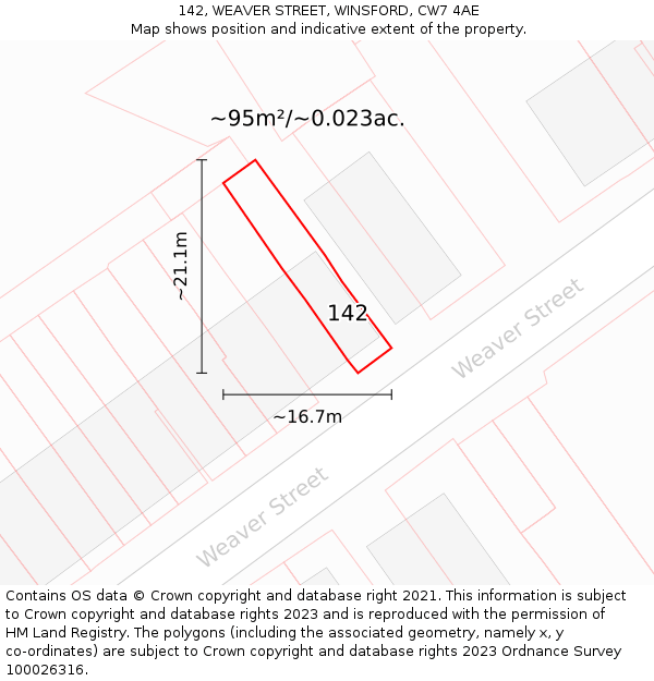 142, WEAVER STREET, WINSFORD, CW7 4AE: Plot and title map