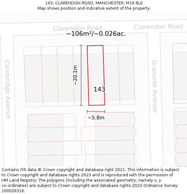 143, CLARENDON ROAD, MANCHESTER, M16 8LE: Plot and title map
