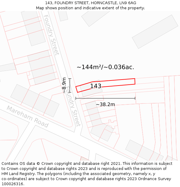 143, FOUNDRY STREET, HORNCASTLE, LN9 6AG: Plot and title map