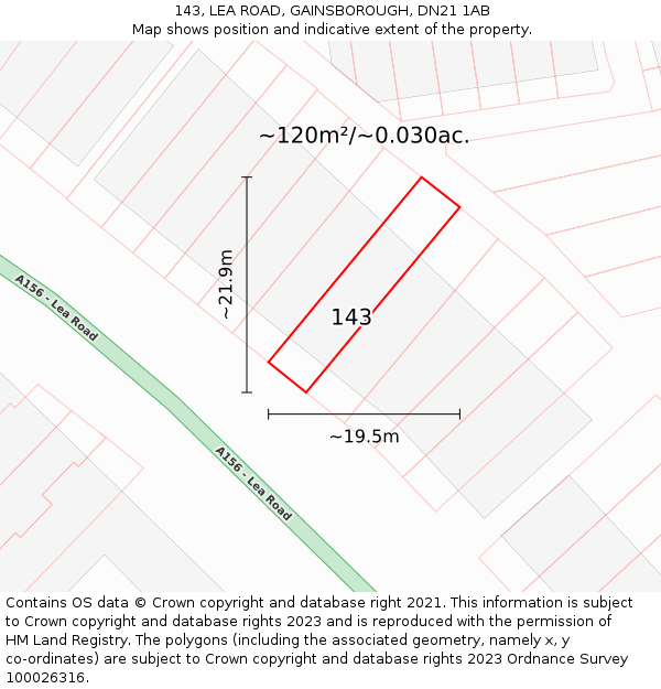 143, LEA ROAD, GAINSBOROUGH, DN21 1AB: Plot and title map