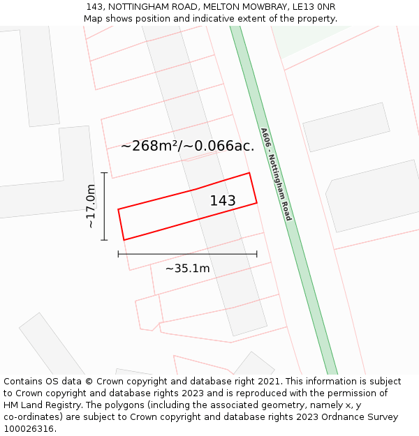 143, NOTTINGHAM ROAD, MELTON MOWBRAY, LE13 0NR: Plot and title map