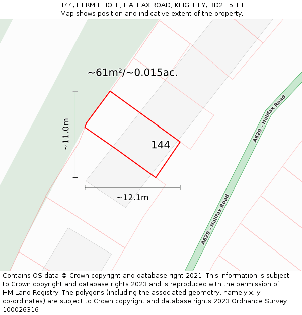 144, HERMIT HOLE, HALIFAX ROAD, KEIGHLEY, BD21 5HH: Plot and title map