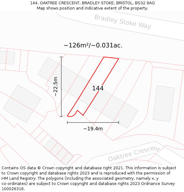 144, OAKTREE CRESCENT, BRADLEY STOKE, BRISTOL, BS32 9AG: Plot and title map