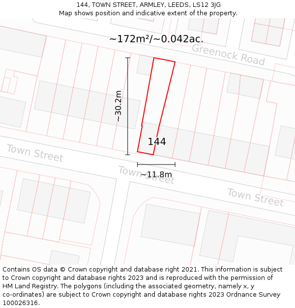 144, TOWN STREET, ARMLEY, LEEDS, LS12 3JG: Plot and title map