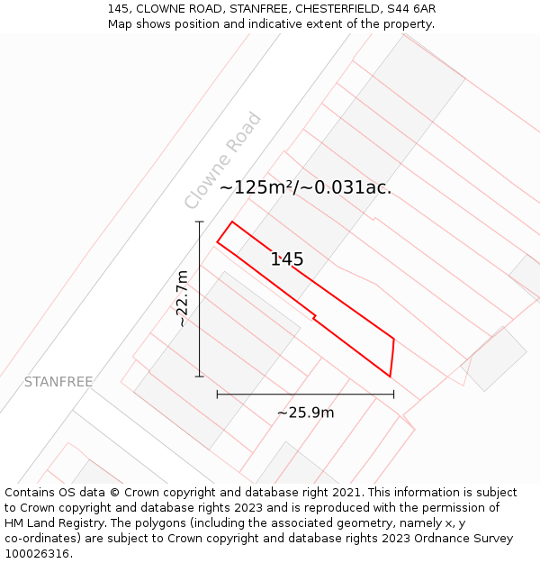 145, CLOWNE ROAD, STANFREE, CHESTERFIELD, S44 6AR: Plot and title map