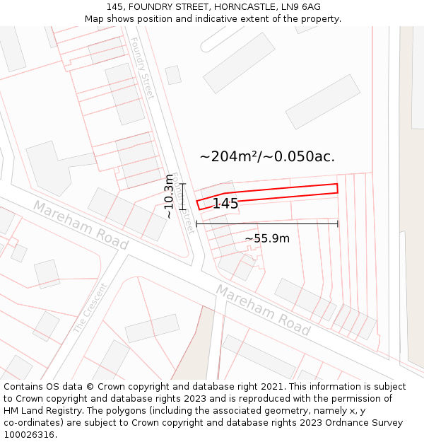 145, FOUNDRY STREET, HORNCASTLE, LN9 6AG: Plot and title map