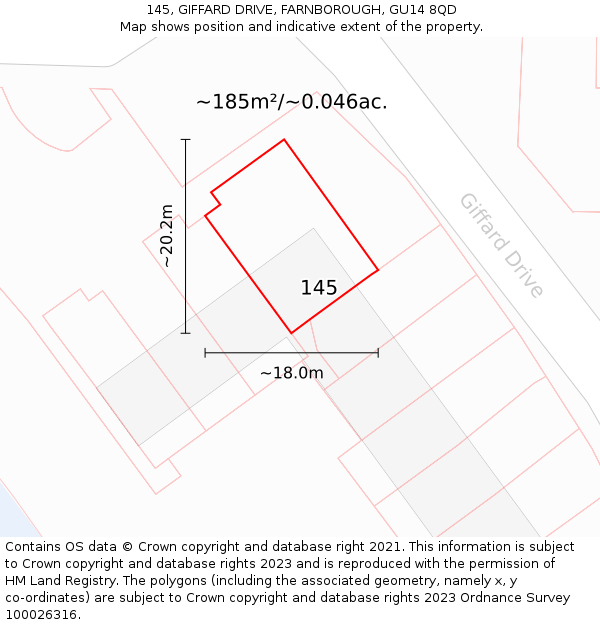 145, GIFFARD DRIVE, FARNBOROUGH, GU14 8QD: Plot and title map