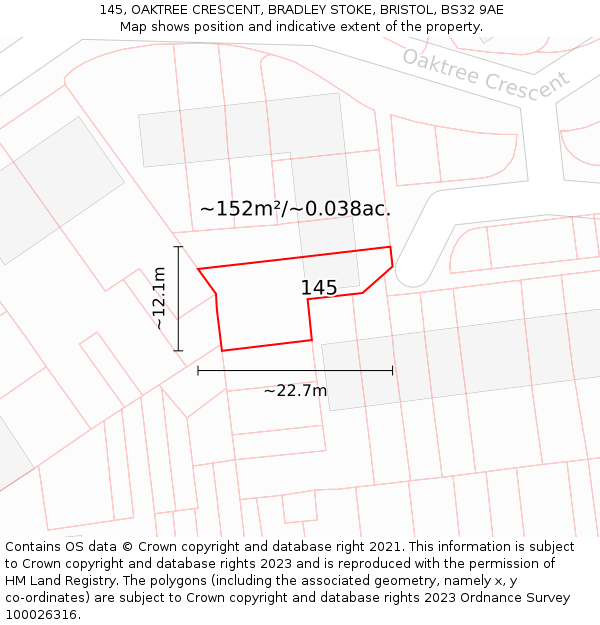 145, OAKTREE CRESCENT, BRADLEY STOKE, BRISTOL, BS32 9AE: Plot and title map