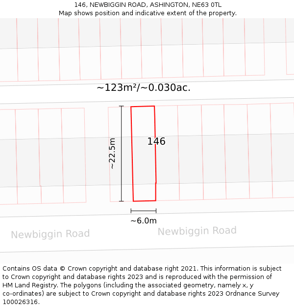 146, NEWBIGGIN ROAD, ASHINGTON, NE63 0TL: Plot and title map