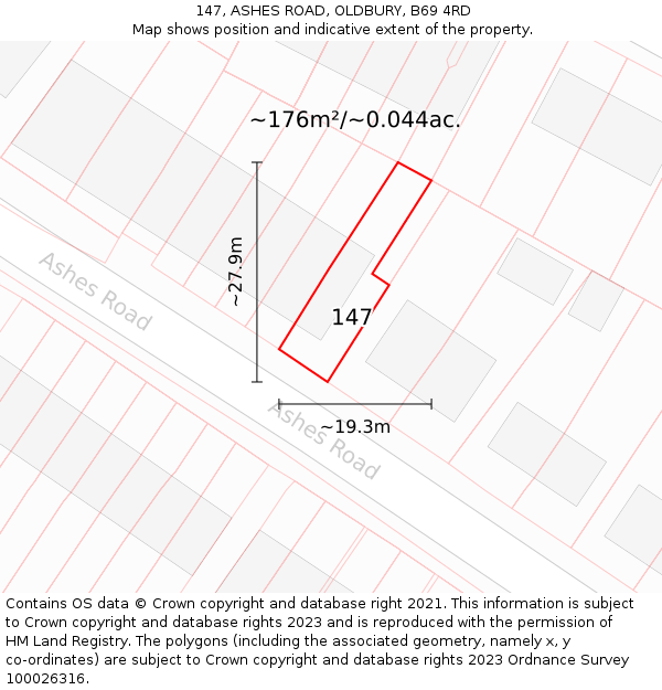 147, ASHES ROAD, OLDBURY, B69 4RD: Plot and title map