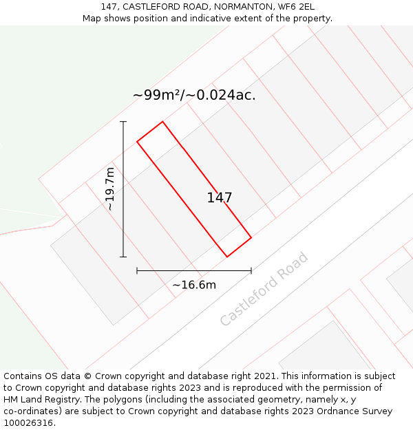 147, CASTLEFORD ROAD, NORMANTON, WF6 2EL: Plot and title map