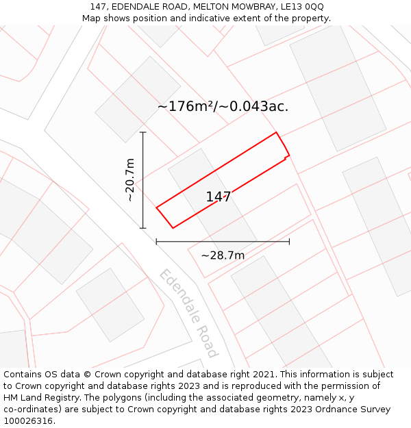 147, EDENDALE ROAD, MELTON MOWBRAY, LE13 0QQ: Plot and title map