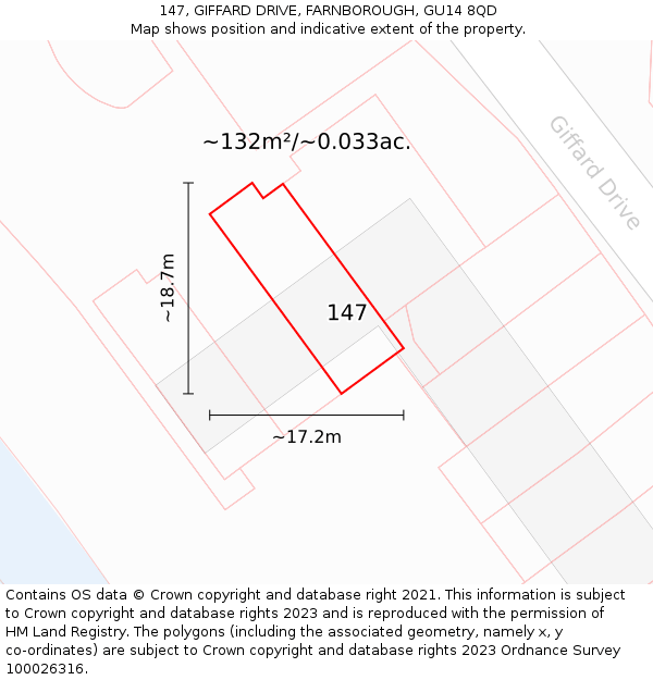 147, GIFFARD DRIVE, FARNBOROUGH, GU14 8QD: Plot and title map