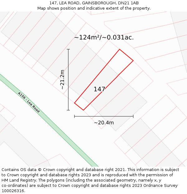 147, LEA ROAD, GAINSBOROUGH, DN21 1AB: Plot and title map