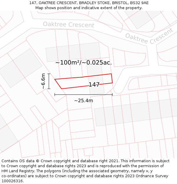 147, OAKTREE CRESCENT, BRADLEY STOKE, BRISTOL, BS32 9AE: Plot and title map