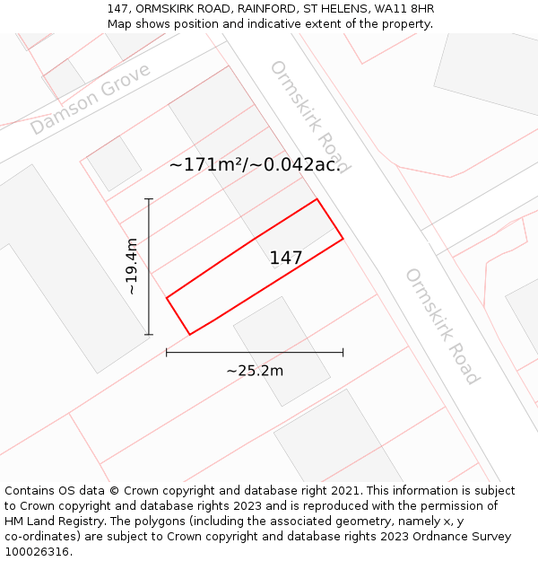 147, ORMSKIRK ROAD, RAINFORD, ST HELENS, WA11 8HR: Plot and title map