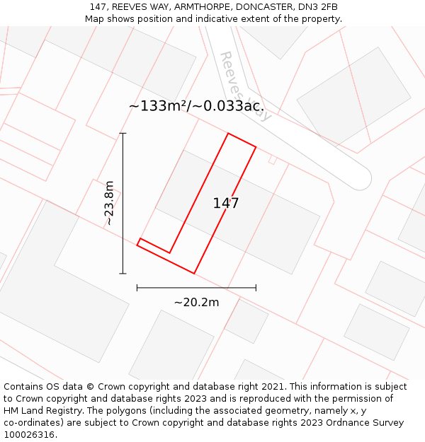 147, REEVES WAY, ARMTHORPE, DONCASTER, DN3 2FB: Plot and title map