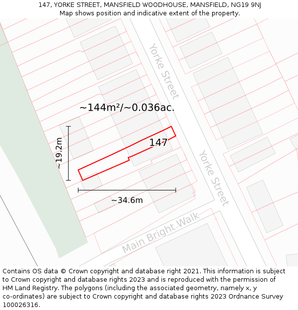 147, YORKE STREET, MANSFIELD WOODHOUSE, MANSFIELD, NG19 9NJ: Plot and title map