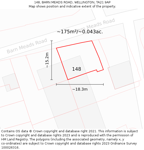 148, BARN MEADS ROAD, WELLINGTON, TA21 9AP: Plot and title map