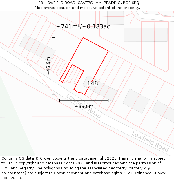 148, LOWFIELD ROAD, CAVERSHAM, READING, RG4 6PQ: Plot and title map