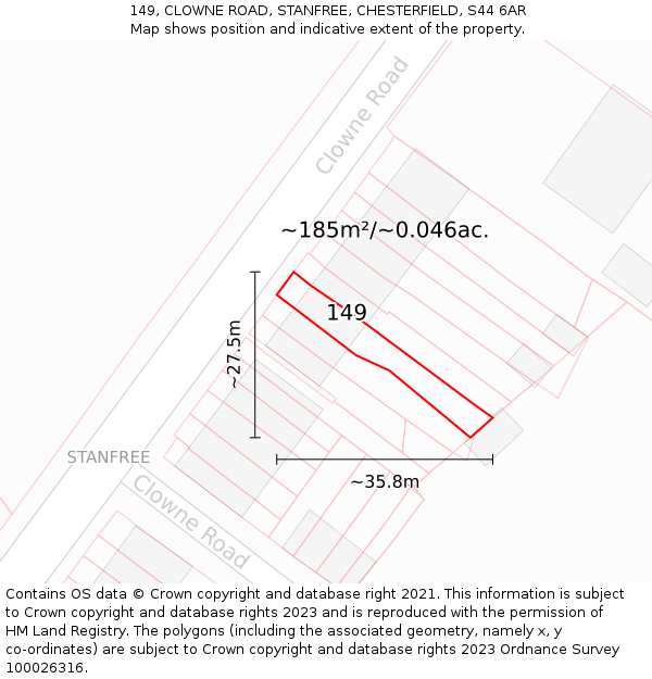 149, CLOWNE ROAD, STANFREE, CHESTERFIELD, S44 6AR: Plot and title map