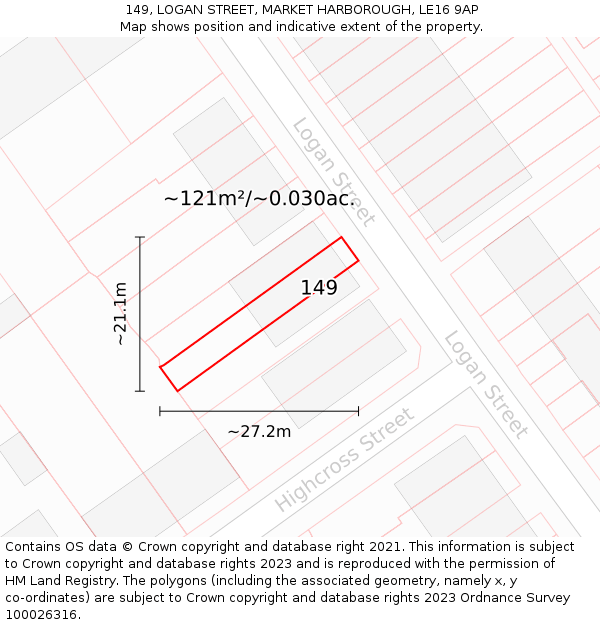 149, LOGAN STREET, MARKET HARBOROUGH, LE16 9AP: Plot and title map