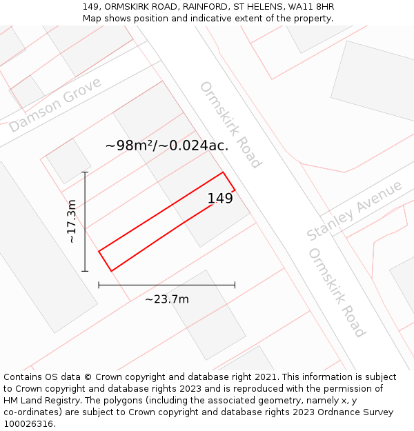 149, ORMSKIRK ROAD, RAINFORD, ST HELENS, WA11 8HR: Plot and title map
