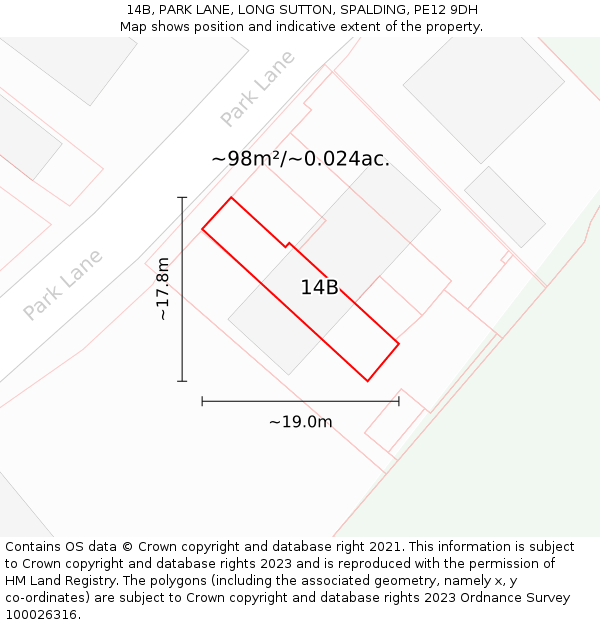 14B, PARK LANE, LONG SUTTON, SPALDING, PE12 9DH: Plot and title map