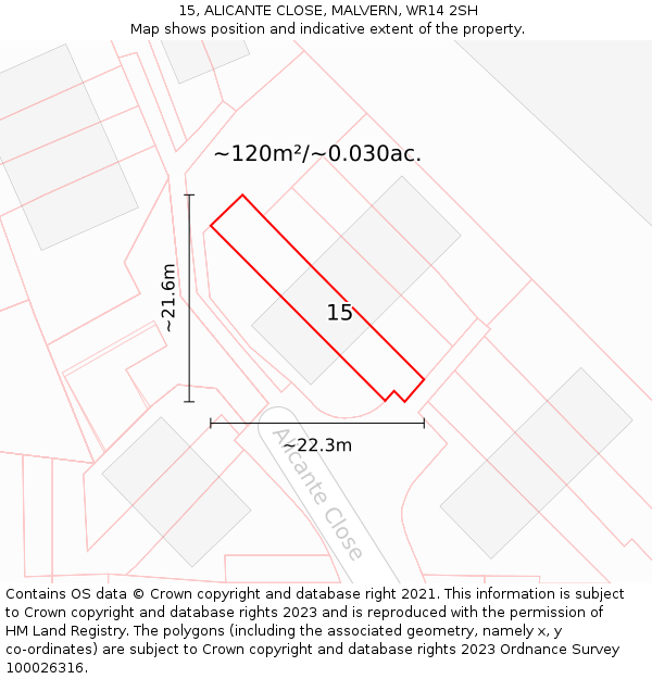 15, ALICANTE CLOSE, MALVERN, WR14 2SH: Plot and title map