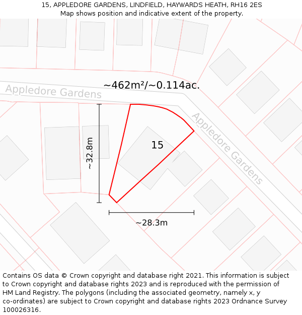 15, APPLEDORE GARDENS, LINDFIELD, HAYWARDS HEATH, RH16 2ES: Plot and title map
