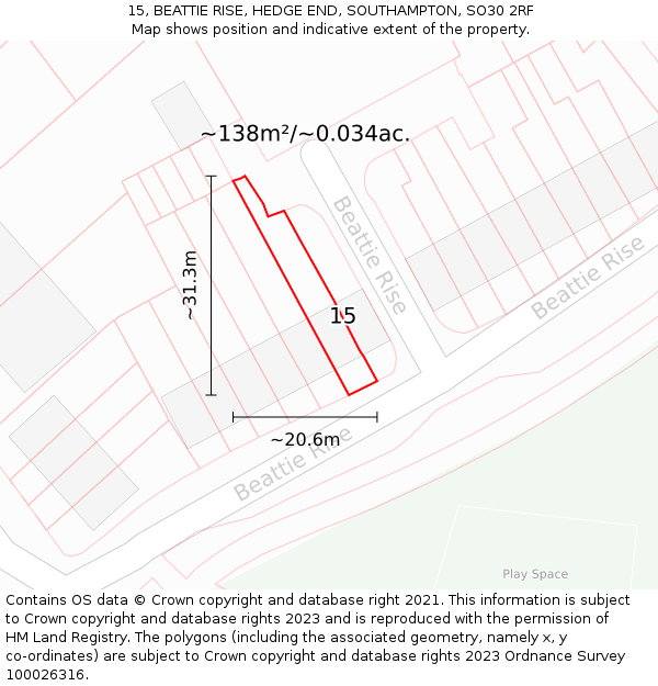 15, BEATTIE RISE, HEDGE END, SOUTHAMPTON, SO30 2RF: Plot and title map
