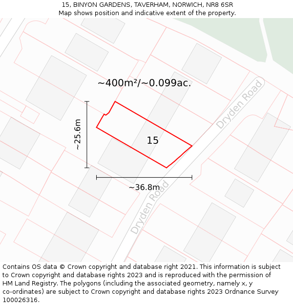 15, BINYON GARDENS, TAVERHAM, NORWICH, NR8 6SR: Plot and title map