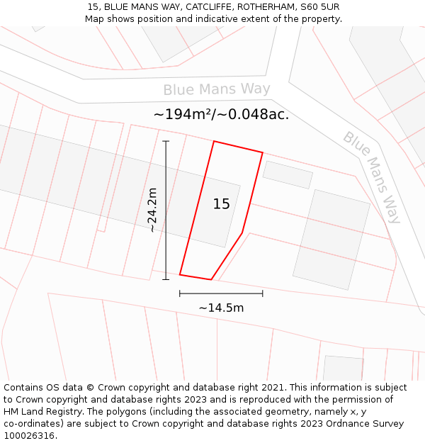 15, BLUE MANS WAY, CATCLIFFE, ROTHERHAM, S60 5UR: Plot and title map