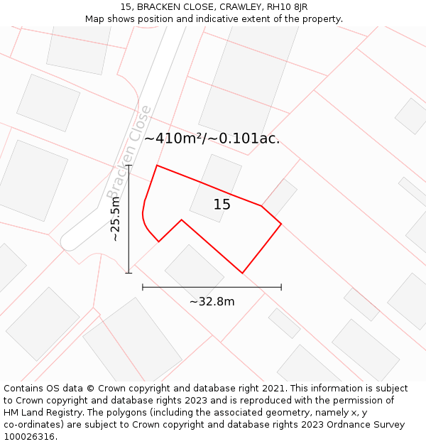 15, BRACKEN CLOSE, CRAWLEY, RH10 8JR: Plot and title map