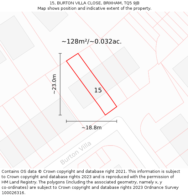 15, BURTON VILLA CLOSE, BRIXHAM, TQ5 9JB: Plot and title map