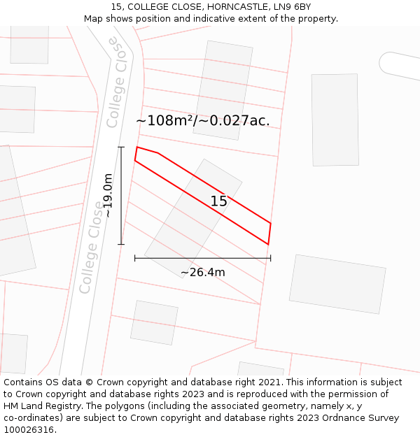 15, COLLEGE CLOSE, HORNCASTLE, LN9 6BY: Plot and title map